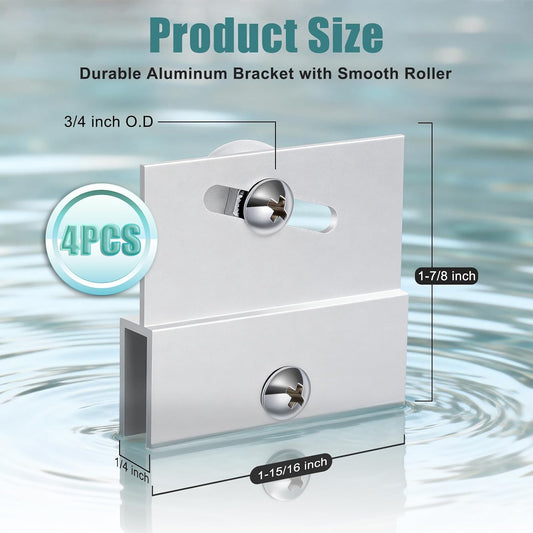 (4-Pack) M 6054 Frameless Shower Door Rollers Top Bracket Assembly - 3/4" Round Plastic Wheel with Ball Bearings, Extruded Aluminum Chrome Finish - Replacement Hardware Kits for Glass Sliding Doors