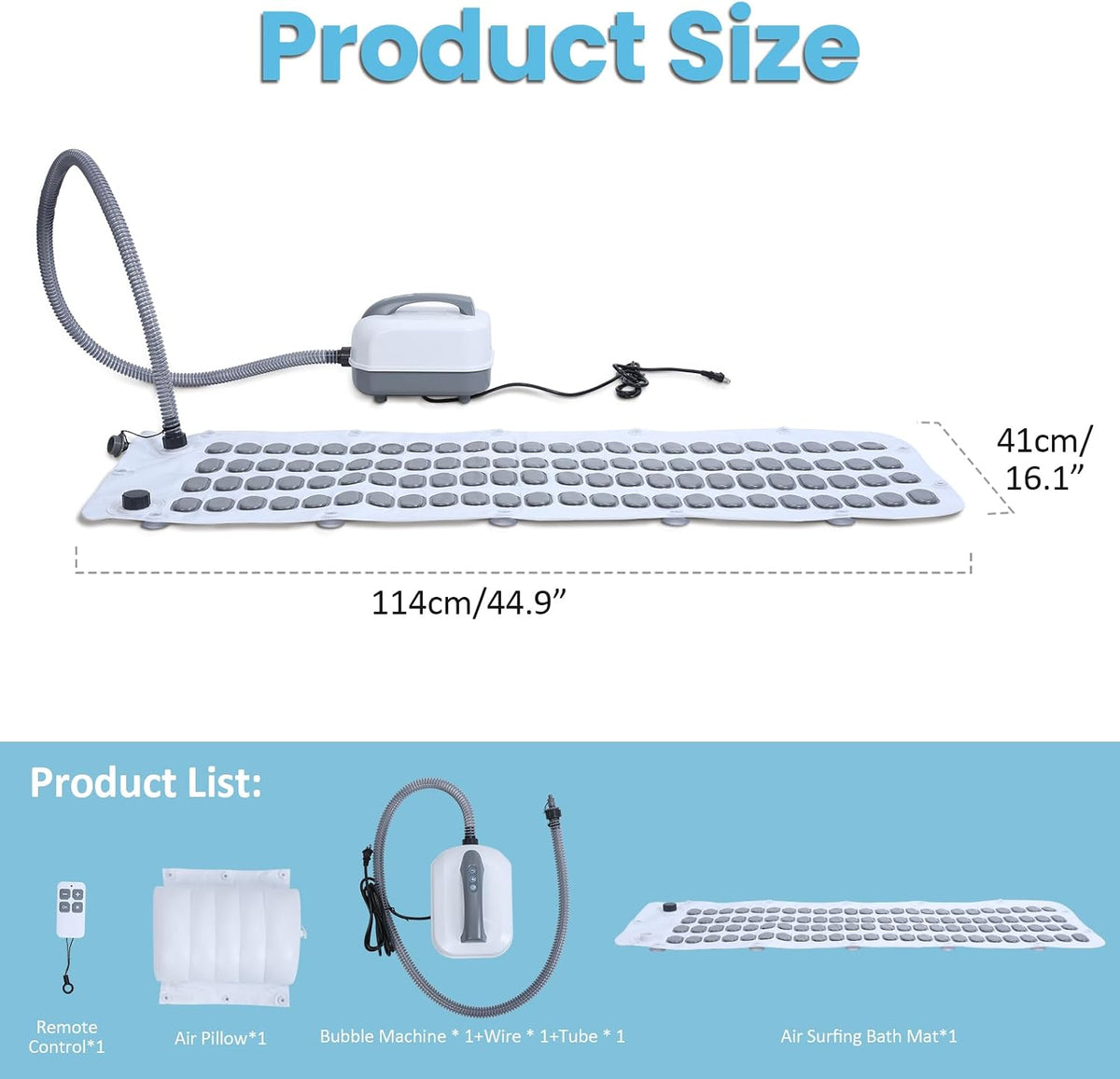 Portable Spa Bubble Bath Mat, Full Body Bubbling Non-Slip Bath Mat with Remote, Pillow & Electric Air Pump - Adjustable Bubble Settings for Bathtub Home Spa Relaxation (Normal Suction Cup)