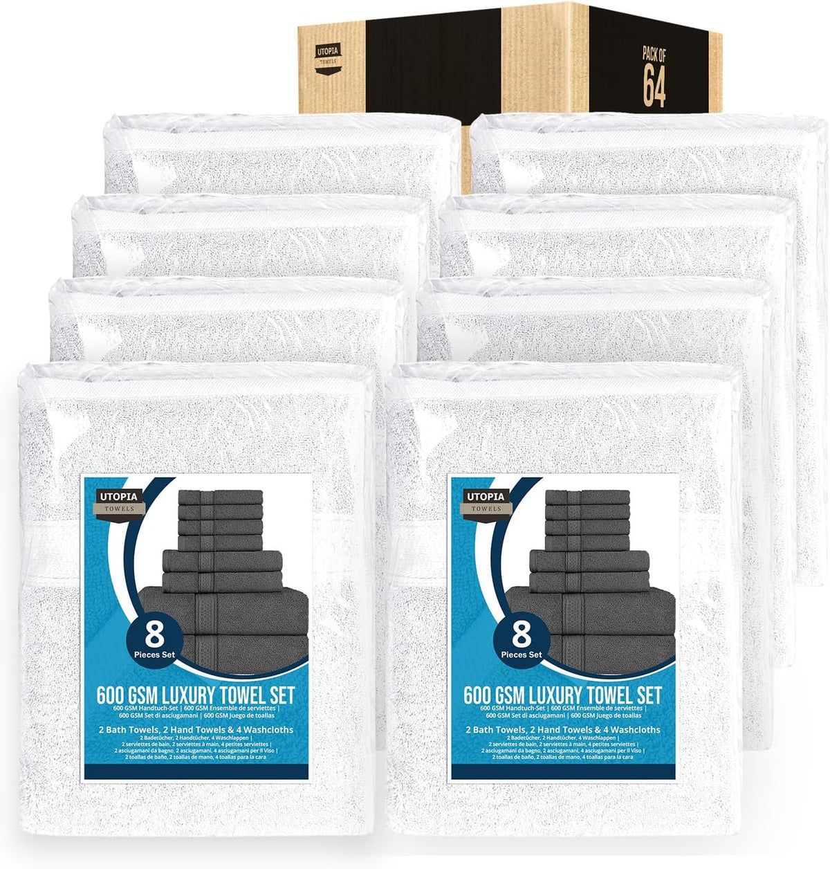 8 Piece Majestic Plush Luxury Towel Set, Cotton, Grey | Majestic Plush 100% Ring Spun Cotton Towels - Super Absorbent, Quicker-to-Dry, Thick & Soft, Bathroom, Spa & Hotel