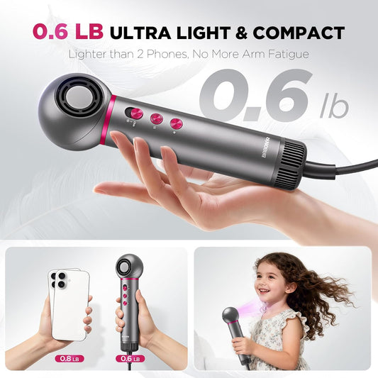 High-Speed Travel Hair Dryer, 360° Rotating Head, 0.6Lb Lightweight | 110000 RPM Ionic Blow Dryer with Diffuser & Concentrator, Fast Drying for Curly & All Hair Types, Portable & Compact, Home