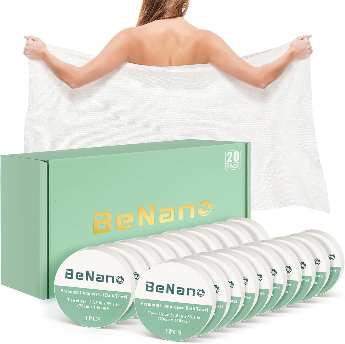 55.1x27.5 in Compressed Bath Towel Tablets | Travel Towel | Water-activated, large reusable compact bath towels. Perfect for camping, hotel, hiking, sports, beach, swimming, vacation.
