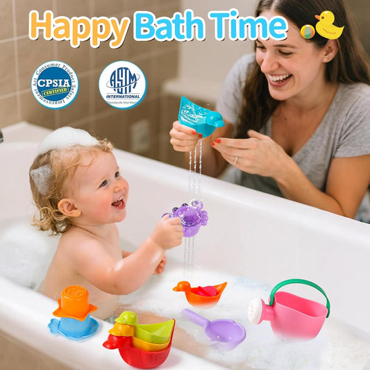 10 PCS Toddler Bath Toys for Kids Ages 1-3 Multi-Play in Tub Water Pool | Quick-Draining Bath Toys with Color Stacking Cups & Watering Can Interactive Shower Toys for 1 2 3 4 5 6 Birthday Gifts