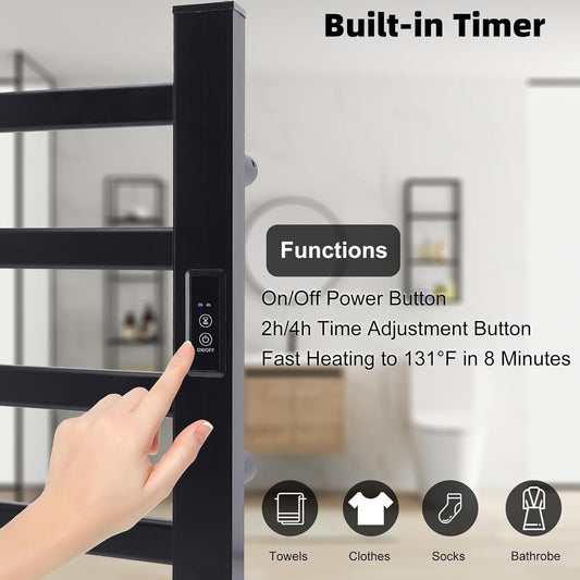 Towel Warmer Heated Towel Bar-Rack - Bathroom Wall Mounted Electric Towel Drying Plug-in Matte Black 4 Bars