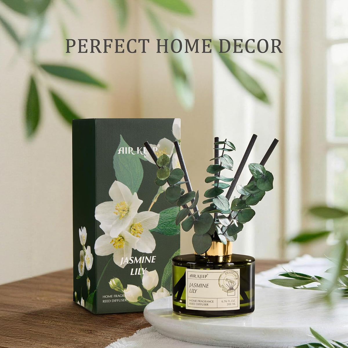 Reed Diffuser Set with 6.76 fl oz Forest Mist Scent Essential Oils and 3 Leaves & 8 Diffuser Sticks,Bathroom Shelf Decor & Air Freshener, House Bedroom Office Decor & Gifts