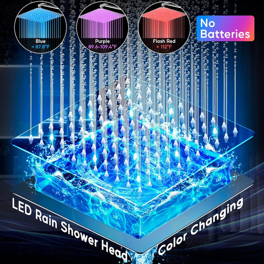 LED Shower Head with High Pressure 10” Rain Shower Head, 11” Extension Arm | Color Changing Based On Water Temperature Handheld showerhead, Stainless Steel, 60" Hose, Chrome