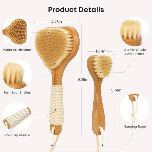 Bamboo Dry Brushing Body Brush Set, Firm Natural Boar Bristle, 2 Pack | Exfoliating Body & Face Scrub Brush for Lymphatic Drainage, Circulation and Cellulite Reduction, Short Handle Non-Slip Grip