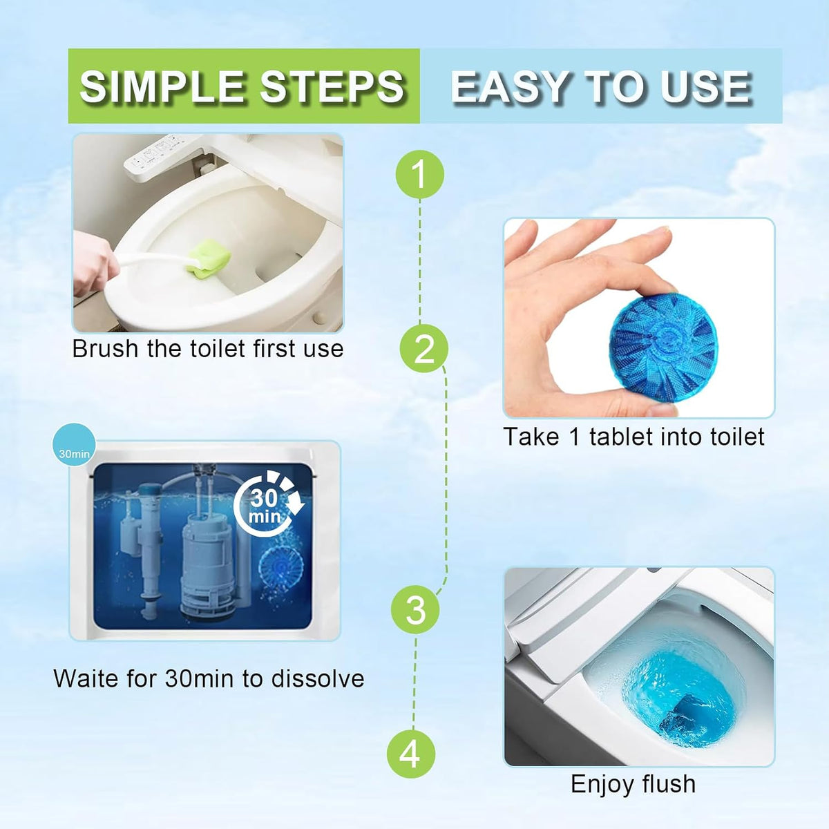 Toilet Bowl Cleaner Tablets Blue Toilet Tank Cleaners, Septic-Safe Hard Water Stain Remove, Bathroom Automatic Toilet Cleaning & Deodorizer, Fresh Scent - 30 Tabs