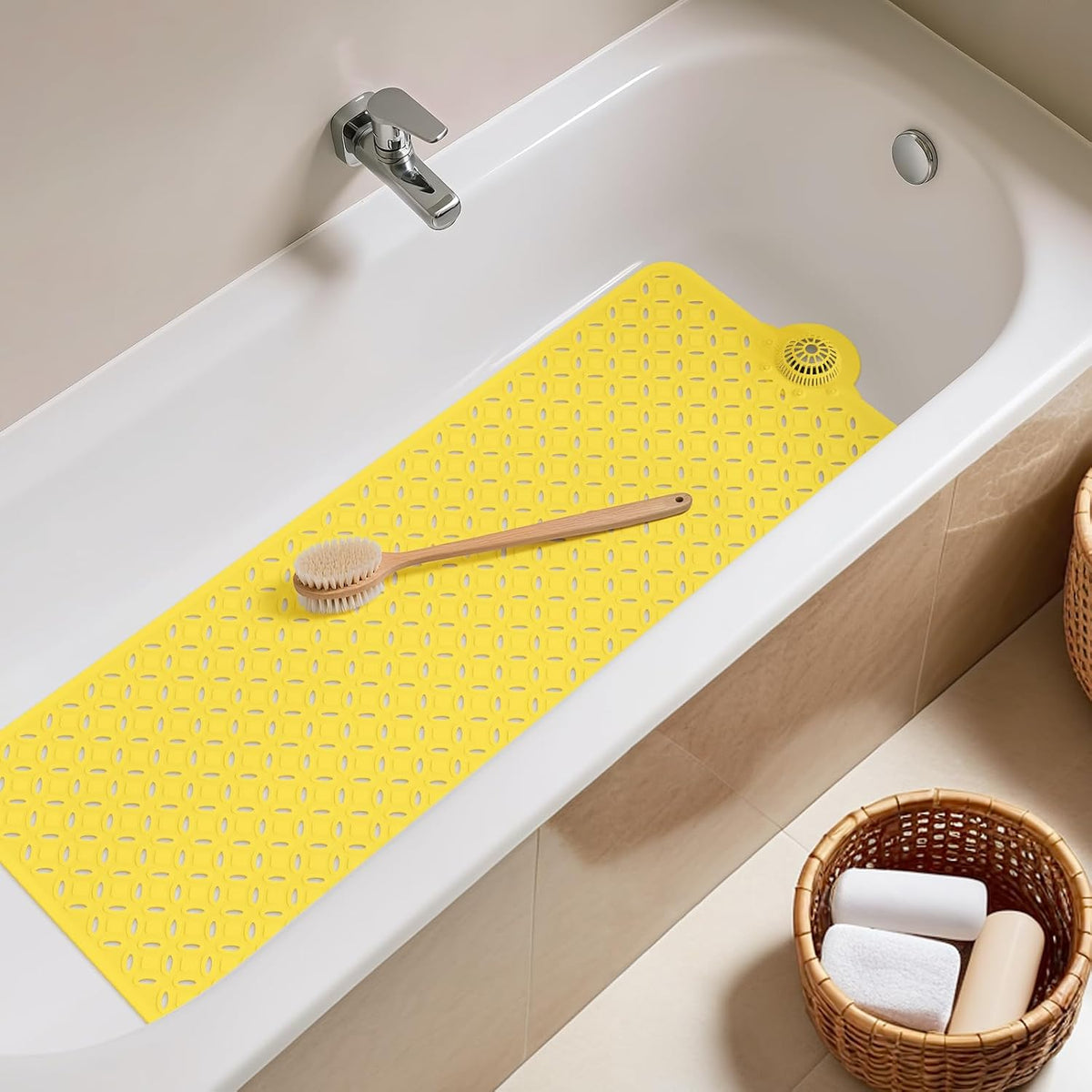 Bath Mat for Tub Non Slip: 39" X 17" Long Bathtub Mat with Hair Catcher│Big Drain Holes Shower Mats for Inside Shower│Machine Washable (Grey)