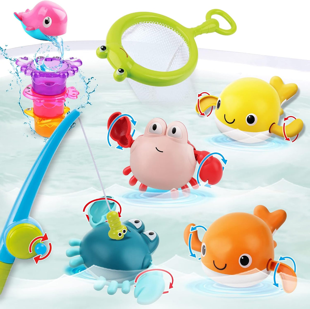 Bath Toy for Toddlers ,Bathtub Toy with Floating Mold Free Swimming Toys and Stacking Cups,Magnetic Fishing Game for Toddles and Babies