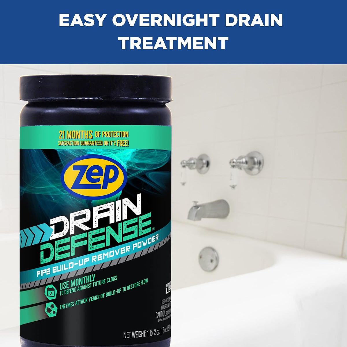 Drain Defense Enzymatic Drain Cleaner Powder - 18 Ounces - ZDC16 - Safe for Pipes and Septic Systems, white