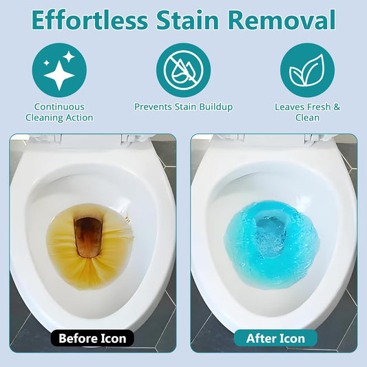 Automatic toilet bowl cleaner, odor removal Stain removal Makes toilet bowls look new with a light, fresh scent
