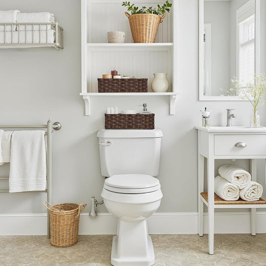 Bathroom Baskets for Organizing, Toilet Tank Organizer, White | 3 Section Small Wicker Storage Baskets for Shelves, Waterproof Back of Toilet Storage Basket, with Dividers, 2-Pack