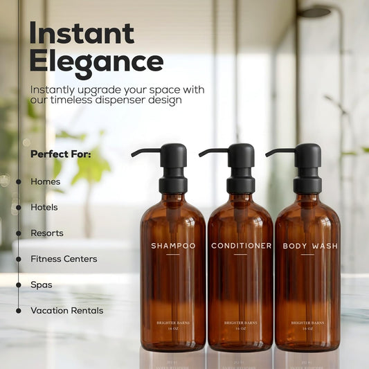 Clear Shampoo and Conditioner Dispenser Set - Refillable Plastic Shower Dispenser Set - Minimalist Shampoo Bottles & Stainless Steel Pump for Neutral Bathroom, Hotel (Clear/Silver)
