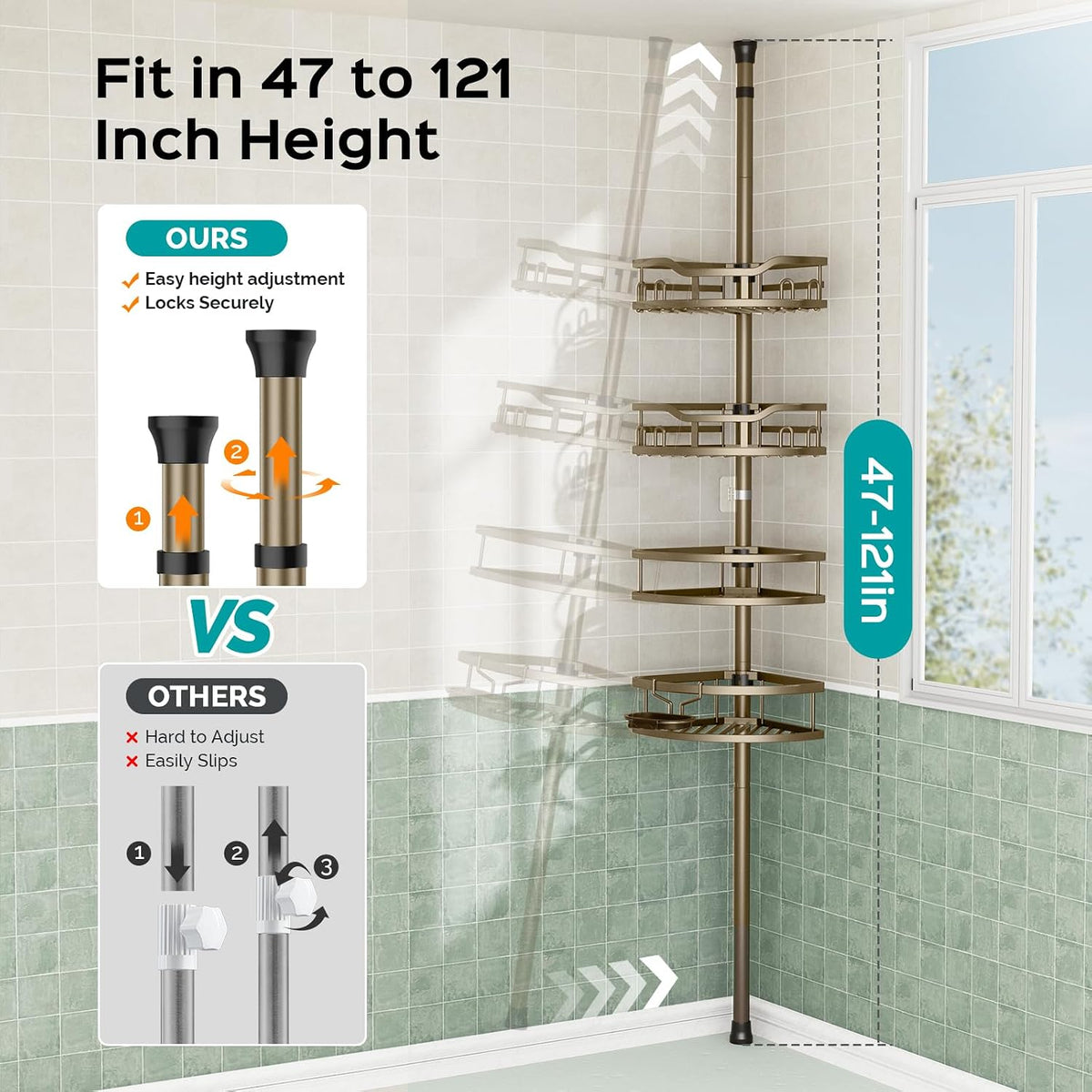 Corner Shower Caddy Tension Pole: Rustproof Stable 4-Tier Bathroom Organizer Shelves for Bathtub Shampoo Storage - 47-121 Inch Quick Install Adjustable Shelf with Soap Rack - Silver Gray