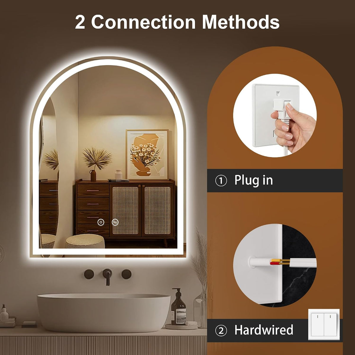 Arched LED Bathroom Mirror with Lights, 24" x 36" Lighted Vanity Mirror