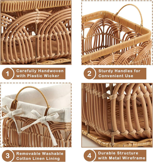 2PCS Plastic Wicker Storage Baskets Set Handmade Woven Boxes | Decorative Bohemian Bins, Cloth Toilet Paper Container, Shelf Closet Laundry Bathroom Organizer, w/ Handles & Removable Liner