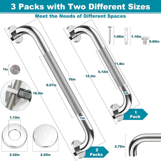 3 Pack Grab Bars for Bathtubs and Showers, 16-Inch and 12-Inch Anti-Slip Bathroom Shower Grab Bars for Seniors Wall, Safety Handicap Grab Bars Stainless Steel,Shower Handle for Elderly