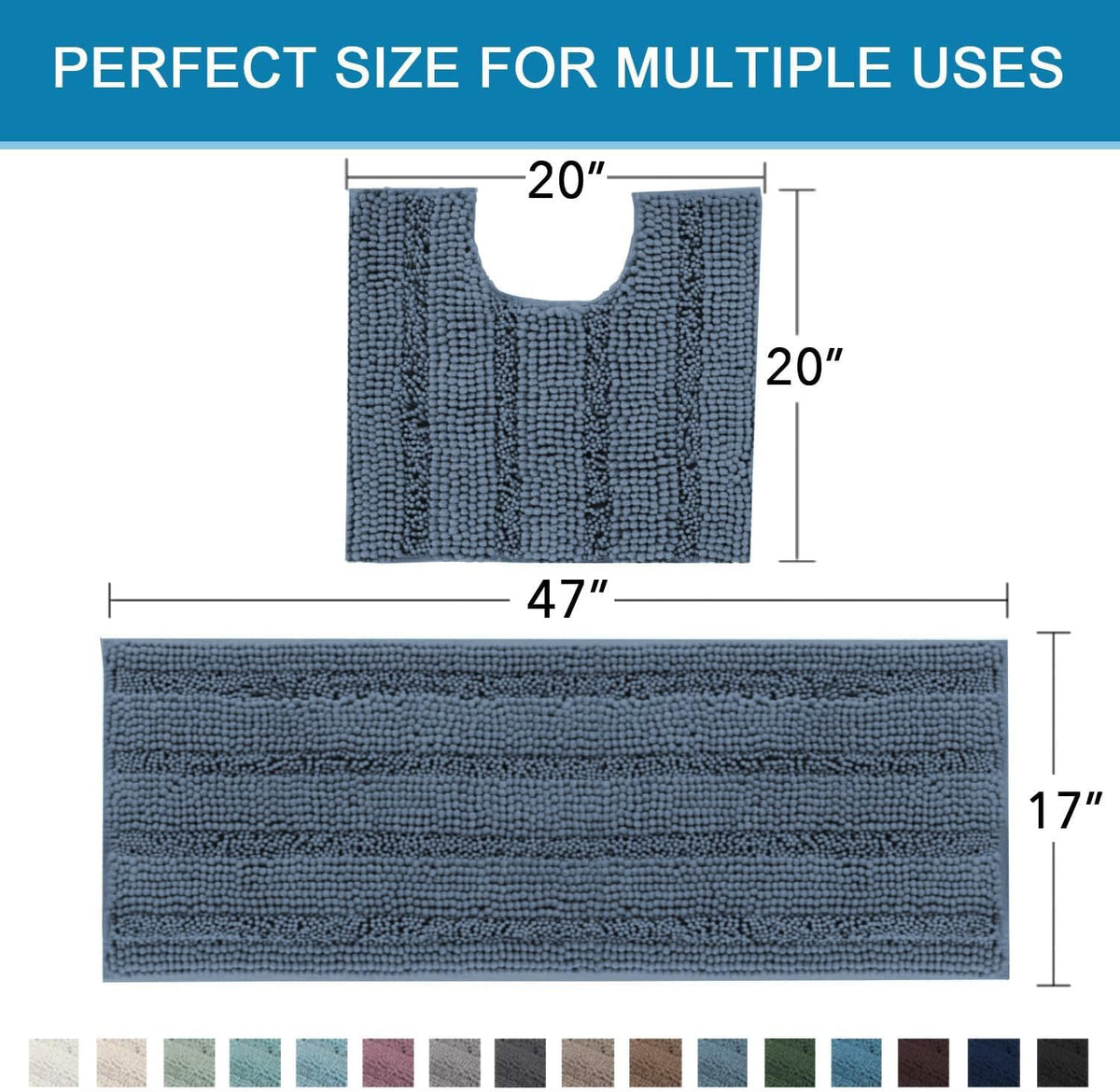 Sage Bathroom Rugs, Bath Mat Set of 2 Extra Thick Chenille Striped Pattern Shaggy Bath Rugs for Bath Room, Non Skid Bath Mats for Bathroom Floor (32 x 20 Plus 24 x 17 - Inches) - Colors B
