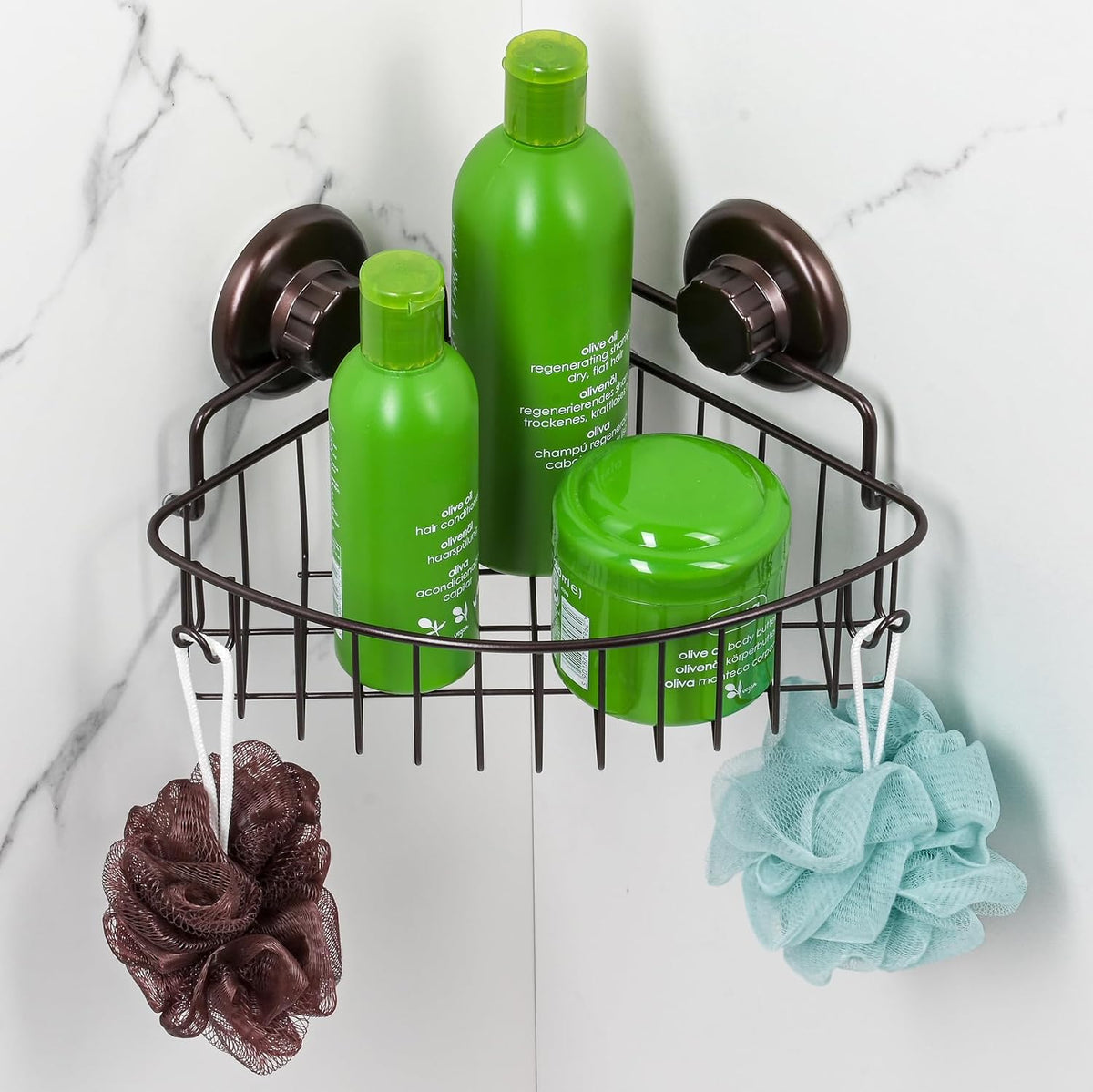 Corner Shower Caddy with Suction Cups and 3M Adhesive Mounting Discs for porous surfaces - Stainless Steel Basket for Bathroom Storage (Chrome)
