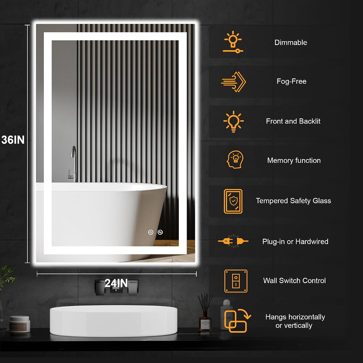 30x50 LED Bathroom Mirror with Lights, Lighted Vanity Mirror for Wall