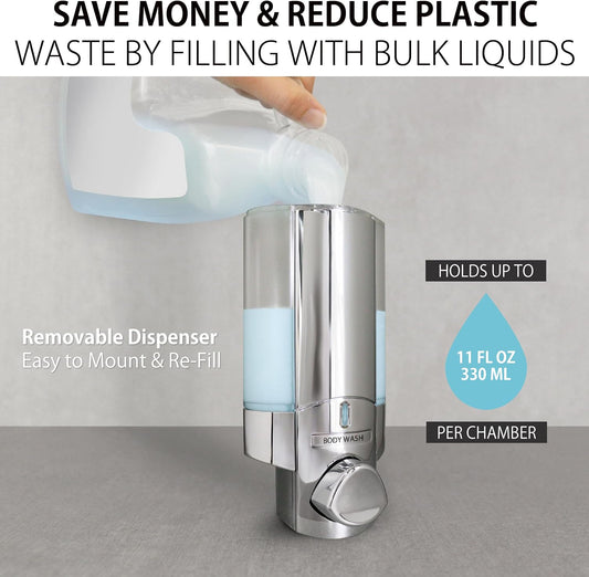 Aviva Wall Mount Shower Dispenser, 3 x 11 oz, Satin Silver | 3 Chamber, Shower Dispenser for Bathroom, Built-in Hooks, No Drill, Waterproof Dispenser Pump