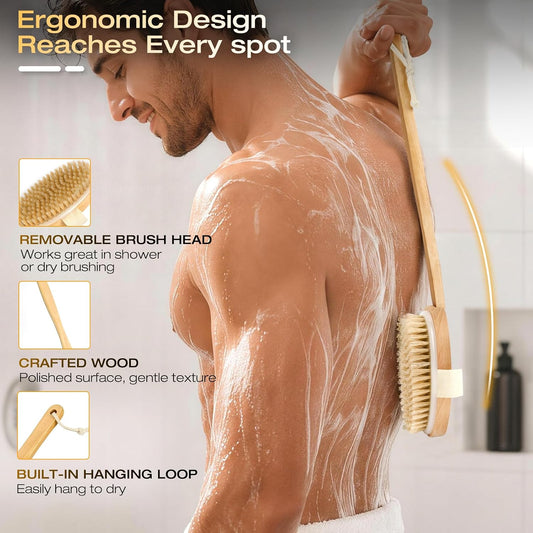 Dry Brushing Body Brush with Long Handle, Natural Bristle Back Brush | Wooden bath brush with hand strap, hanging rope, back reach and light exfoliating for pre-shower self care