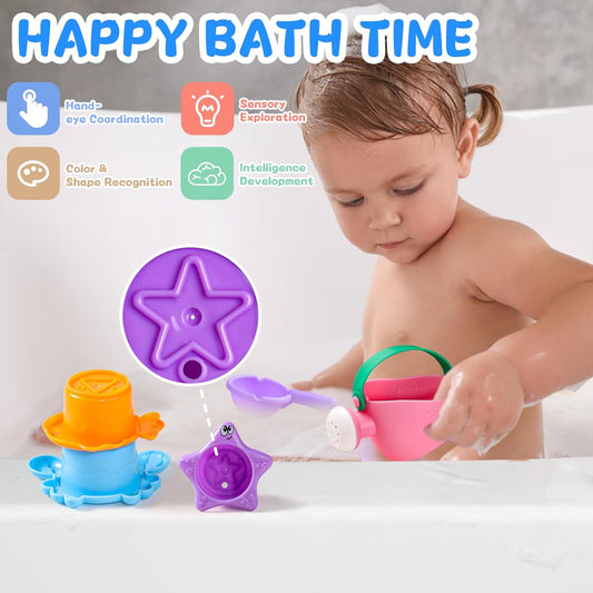 Toddler Bath Toys for Kids Ages 1-3 Stack, Scoop & Pour Set 5 PCS | Drain Quickly Nest for Easy Storage with 3 Animal Stacking Cups, Watering Can & Scoop for Floating Bathub Water Table Play