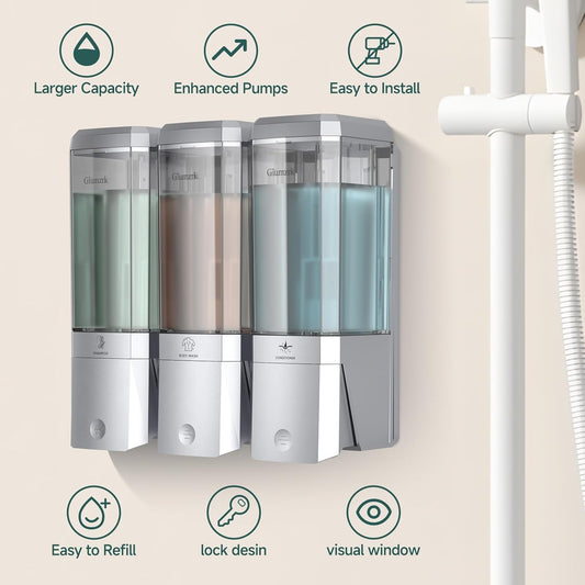 Shampoo and Conditioner Dispenser 3 Chamber No Drill Shower Soap Dispenser Wall Mounted Shampoo Conditioner Body Wash Dispenser 3 * 500ml Refillable Shower Dispenser for Bathroom Hotel, Silver