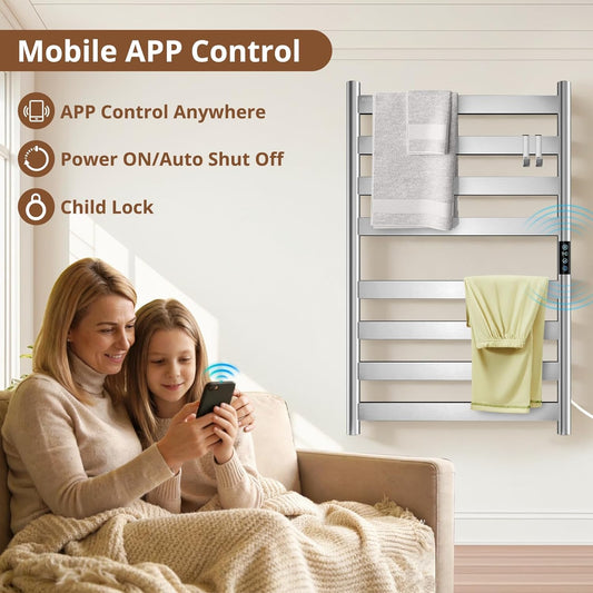Heated Towel Rack Freestanding & Wall-Mounted, WiFi 8 Bar Towel Warmer Rack | WiFi Control, Extra-Wide Heating, Child Safety Lock, 1-24H Timer & Multi-Level Temp, Stainless Steel, Plug-in, Matte Black