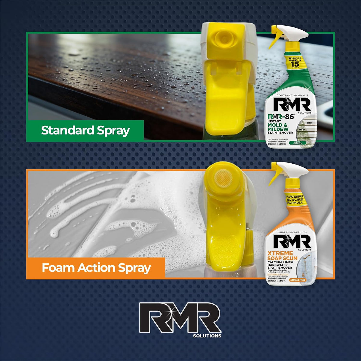 RMR Instant Mold & Mildew Stain Remover Spray + Xtreme Soap Scum Remover, No-Scrub Indoor/Outdoor Cleaning System for Bathroom, Shower, Siding, & Deck, 2–32 Oz Bottles