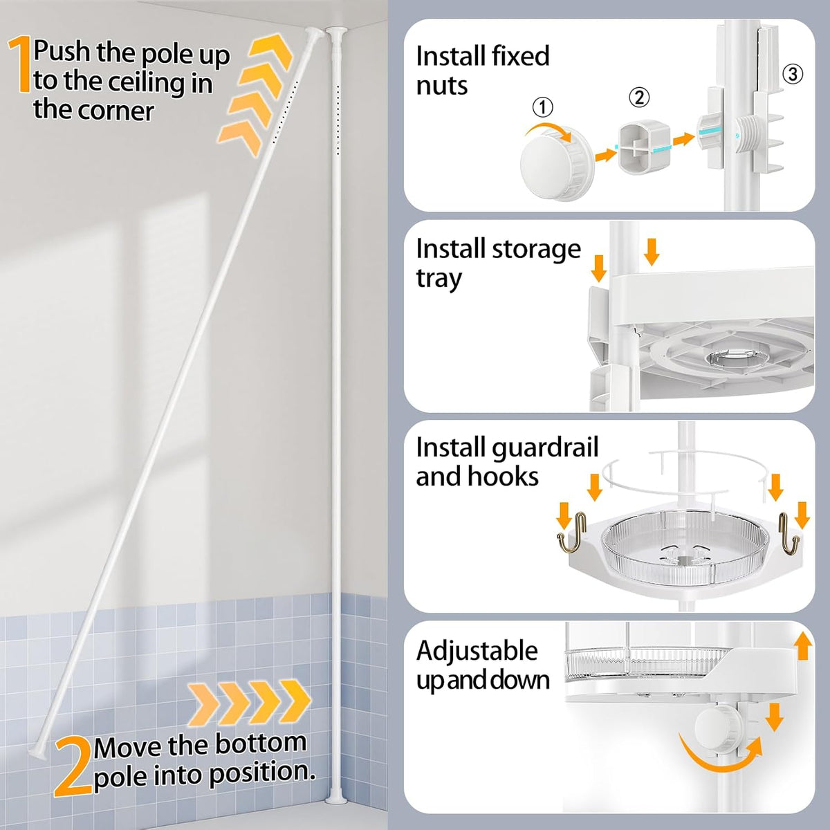 360° Rotating Corner Shower Caddy Tension Pole Organizer, Black