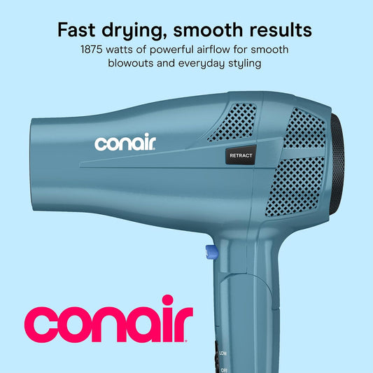 Travel Hair Dryer, Dual Voltage, Folding Handle, 1875W, Blue | Travel blow dryer for at home and on the go, 1.75-lb. design with dual-voltage compatibility and a retractable 5-foot cord