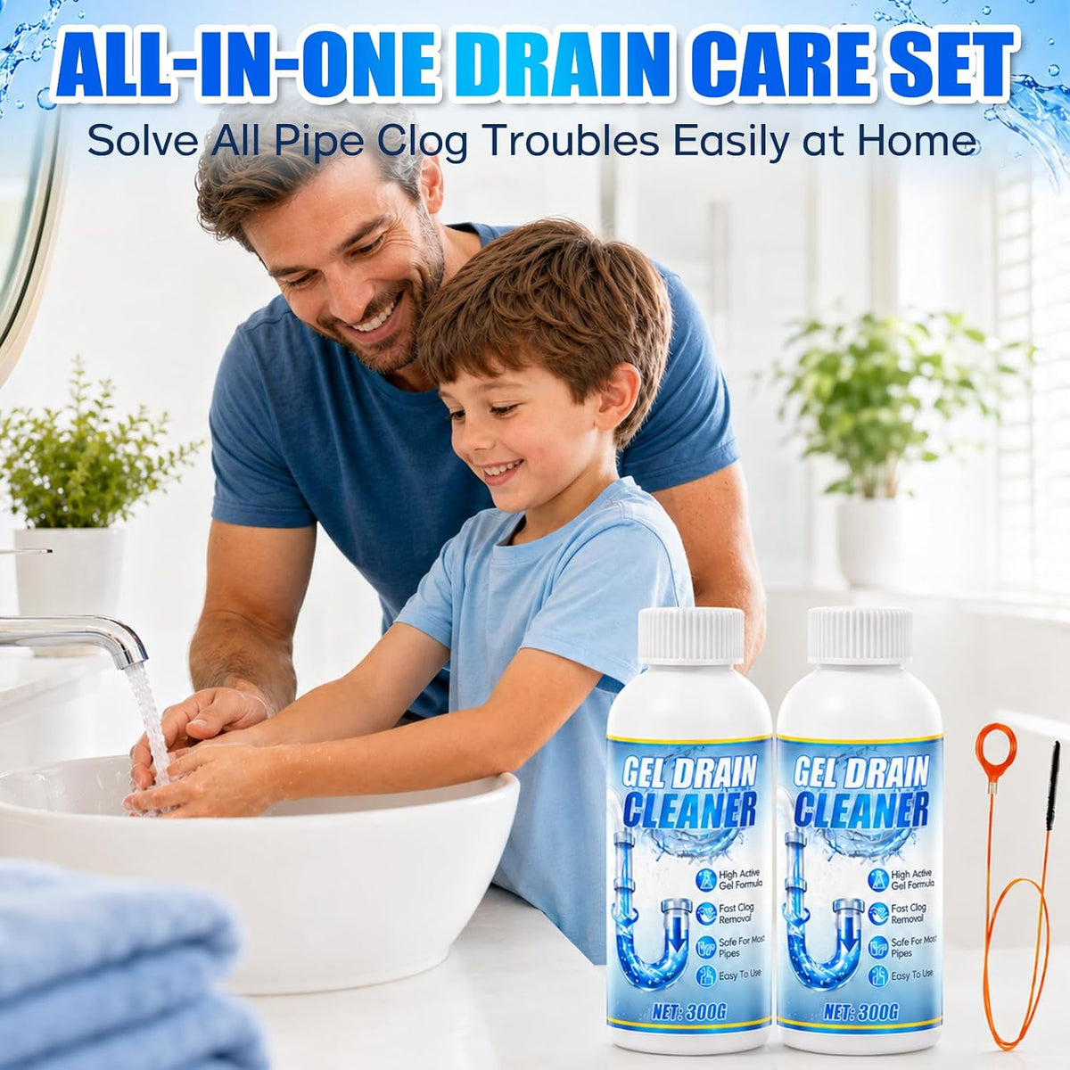 Sink Drain Cleaner Gel 2pcs, Shower Drain Clog Remover, Fast-Acting Sink Clog Remover With Tool Dissolves Hair, Grease & Soap Scum, Safe For Most Household Pipes