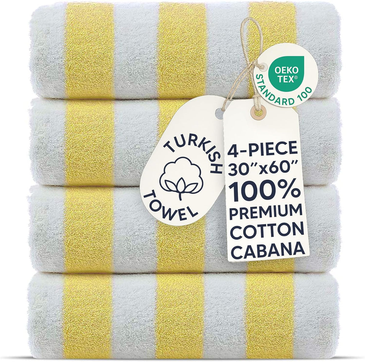 Premium Quality 100% Cotton Turkish Cabana Thick Stripe Pool Beach Towels 4-Pack (Light Blue, 30x60 Inch)