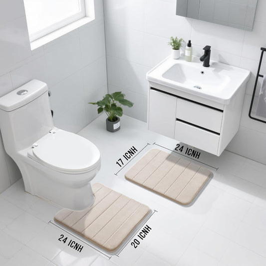 Memory Foam Bathroom Rugs Sets 2 Piece - Super Soft Absorbent Quick Dry Bath Mat Set, Machine Washable Non Slip Floor Carpet for Tub Shower & Single Sink (17x24 & 31.5x20 Inch, Gray)