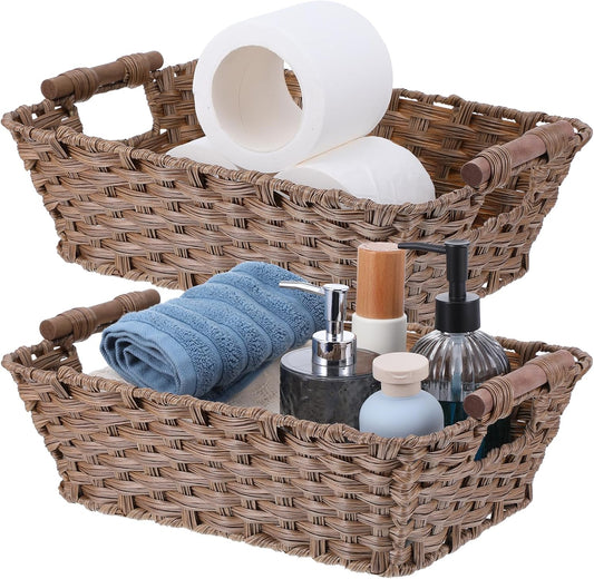 2 Pack Large Waterproof Wicker Storage Basket – 15"x10.6"x5.1" Brown Polypropylene Woven Baskets with Wood Handles & Metal Frame for Pantry, Bathroom, Bedroom, Patio