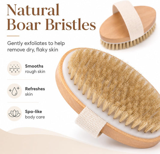 Dry Body Brush 2 Pack, Natural Boar Bristle Exfoliating Brush