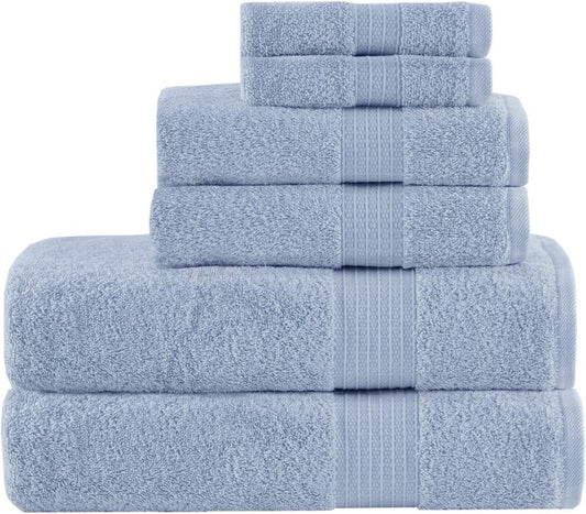 Organic Cotton Bath Towel Set Absorbent, 6 Piece, Blue | Quick Dry, Plush Feel, Hotel Quality for Bathroom, Oversized, OEKO-TEX Certified