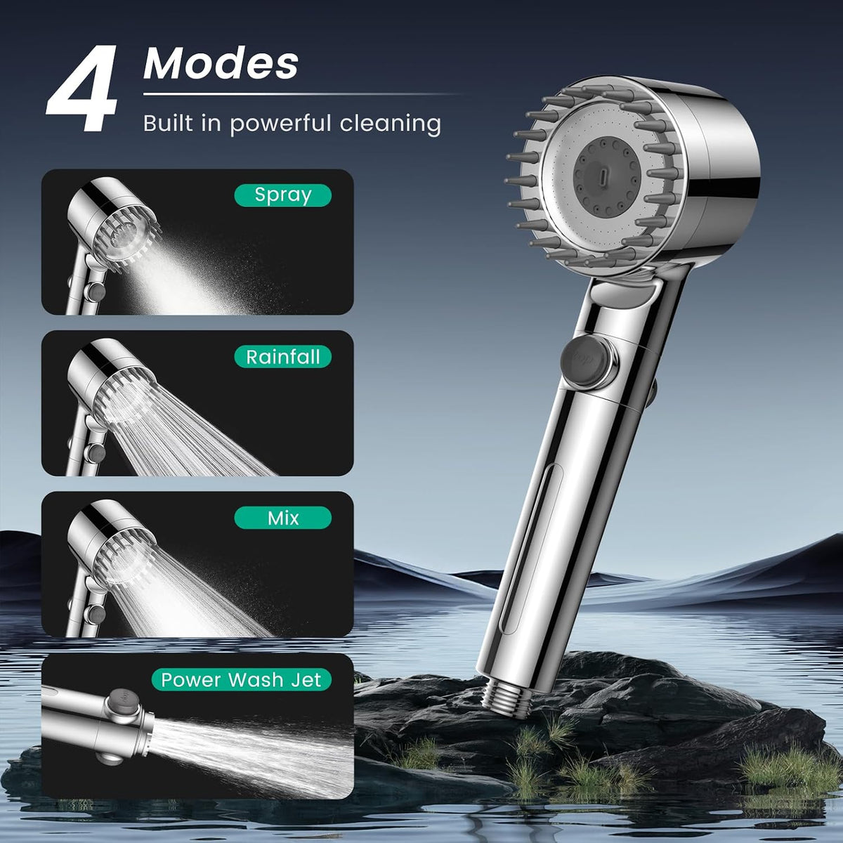 Filtered Shower Head with Handheld 4PCS Filters ShowerHead | 4 Spray, High Pressure Shower Heads with ON/OFF Button, Water Softener for Hard Water, 70" Hose, Remove Chlorine