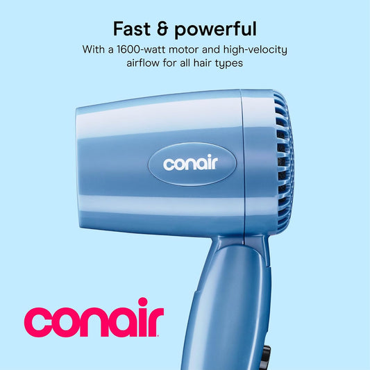 Dual Voltage Hair Dryer, Compact Folding Handle Design, 1600W | Travel blow dryer for on-the-go styling with foldable 0.75-lb design, high-velocity airflow, and various heat/speed settings