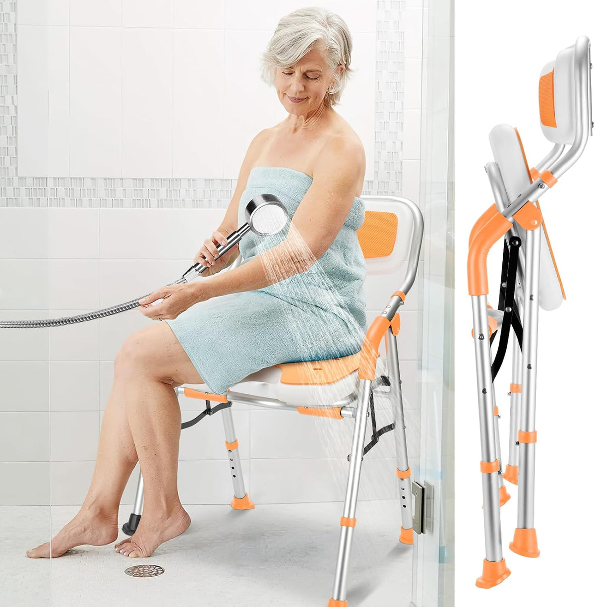 Foldable Shower Chair for Elderly and Disabled, Folding Shower Seat with Armrests and Back Height Adjustable, Aluminum Alloy Bath Seat for Inside Shower, 330lbs Capacity (Blue)