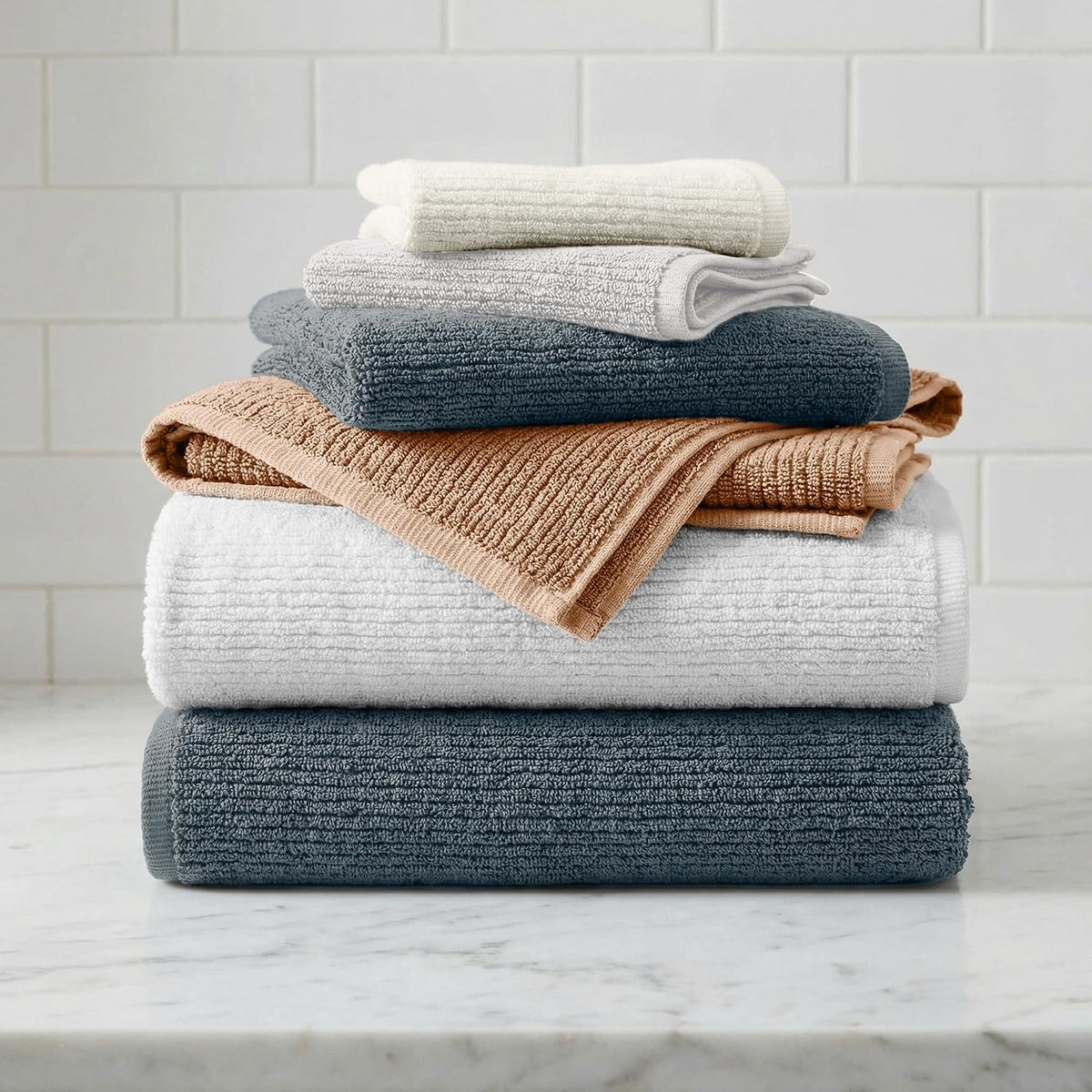 Turkish Cotton 6 Piece Towel Set - Absorbent, Quick-Drying, Ribbed Bath Towels for Bathroom - Zero-Twist Fibers (Cream)