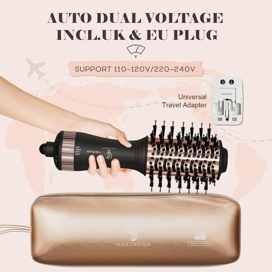 Dual Voltage Travel Blow Dryer Brush in one, Mini Hot Air Brush | 120V-240V Nano Titanium 2 Inch One Step Hair Dryer & Styler Volumizer Oval Shape, Europe Travel Essentials for Women