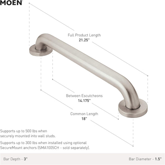 Home Care Bathroom Safety 18 Inch Stainless Steel Handicap Grab Bar for Bathtub and Shower, Slip Resistant Finish, Elderly Assistance Product, Polished Brass, R8918P