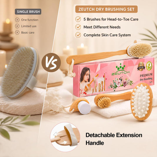 Premium Dry Brushing Body Brush Set, Exfoliating & Glowing Skin | Lymphatic Drainage and Cellulite Treatment, 16Inch Long Handle Boar Bristle Brush, Face Cleansing Brush, 5 Pack