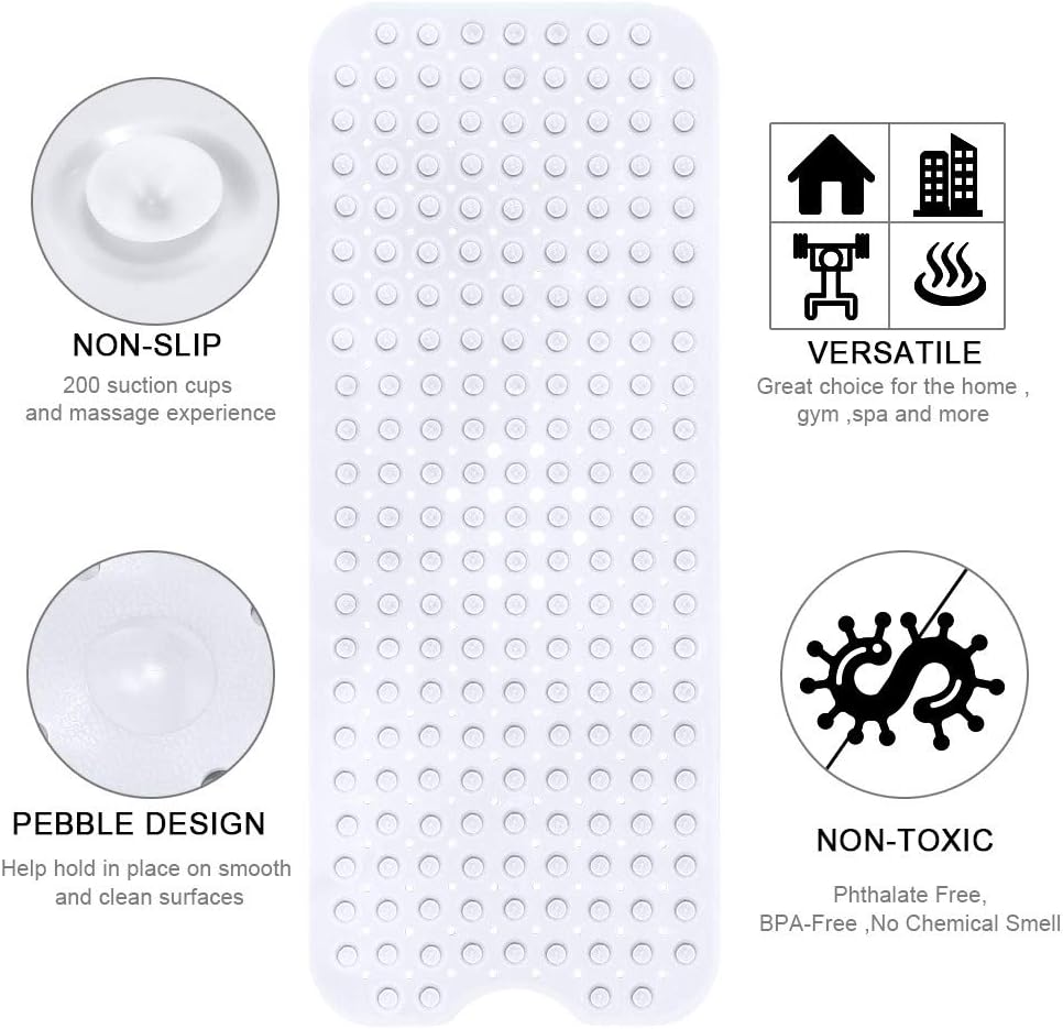 Bath and Shower Safety Mats 40x16 inch, Non Slip with Suction Cups for Bathroom Stall and Tub Floor, Extra Large and Machine Washable, Drain Holes Keep Bathtub Clean, Clear