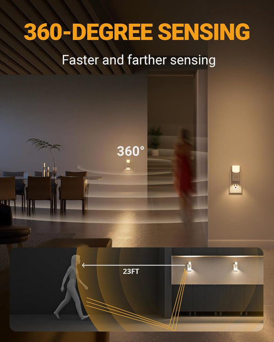 LED Plug-in Night Light with 360° Motion Sensor, 1-150 Lumens Dimmable Nightlights Indoor for Bathroom, Bedroom, Hallway, Stairs, Pet House, 2 Pack