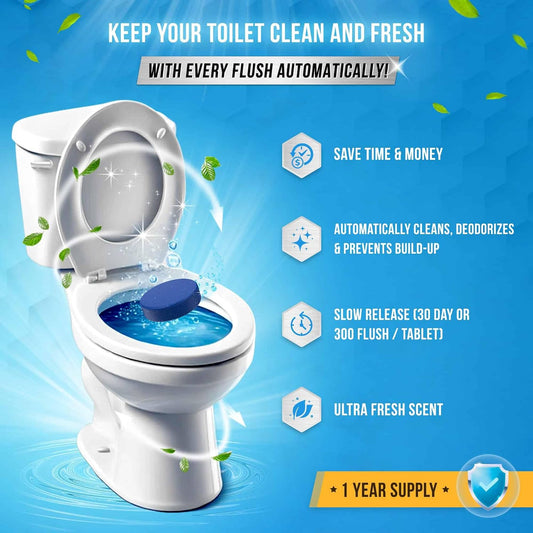Automatic Toilet Bowl Cleaner Tablets Blue Gel Toilet Tank Cleaners, Septic-Safe Hard Water Ring Stain Remover, Smell Eliminator Heavy Duty Toilet Cleaning & Deodorizer, Fresh Scent - 12 Tabs