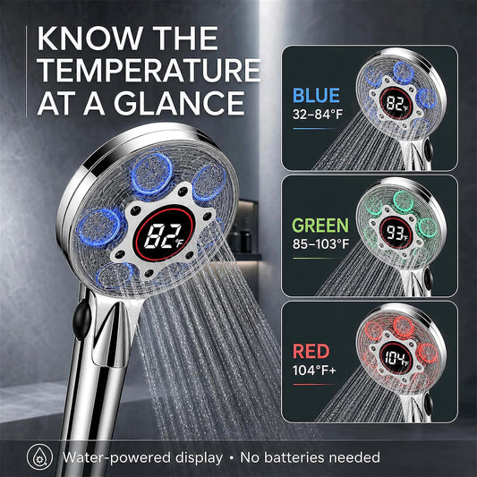 LED Shower Head with Handheld, Color Changing | with Water Temperature Display, Water Saving Spray Showerhead with 59" Hose and Shower Bracket for Low Water Pressure, Chrome