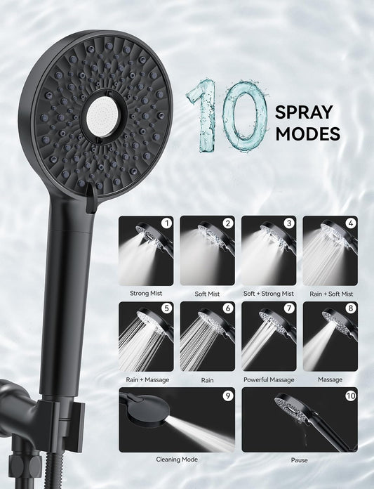 Filtered Shower Head with Handheld, 10-Mode Adjustable Detachable Chrome Showerhead w/Stainless Hose, Water Softener Filter Beads for Hard Water - Remove Chlorine, Reduce Dry Itchy Skin